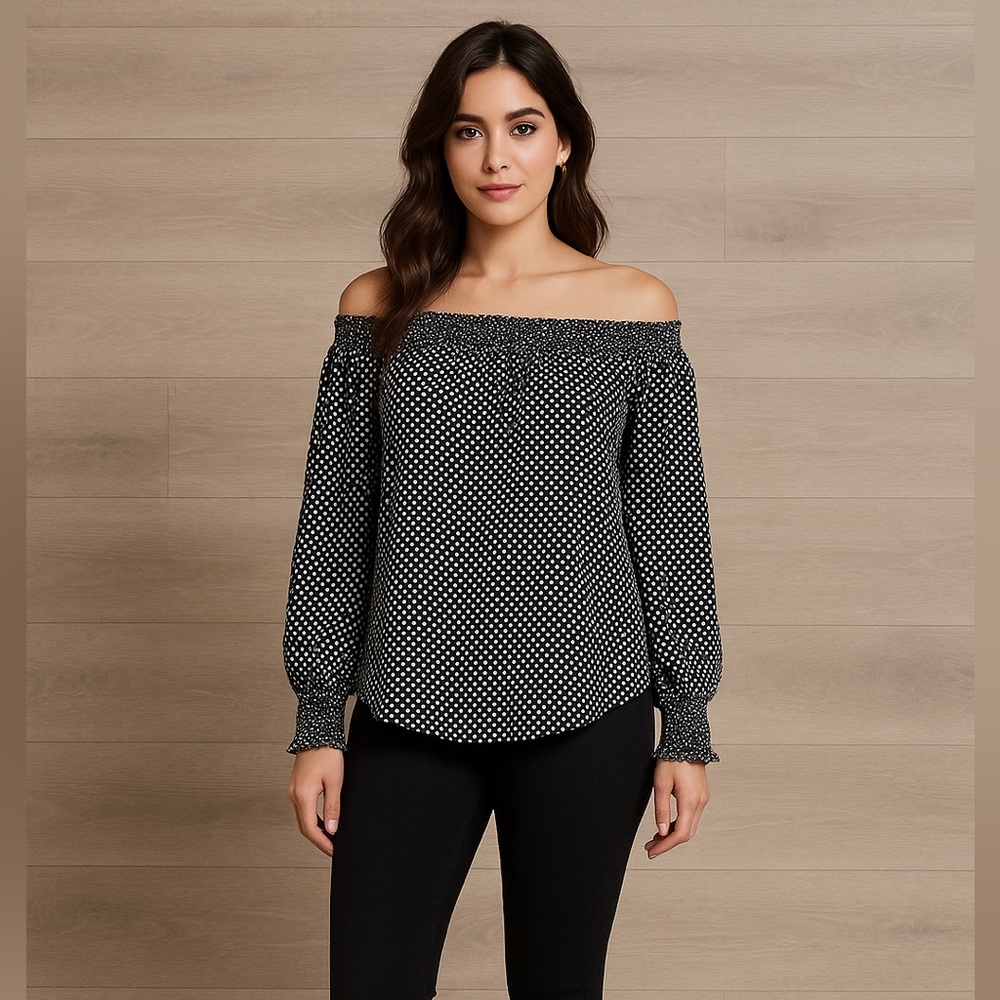 Express Black & White Polka Dot Off Shoulder Blouse – Size M